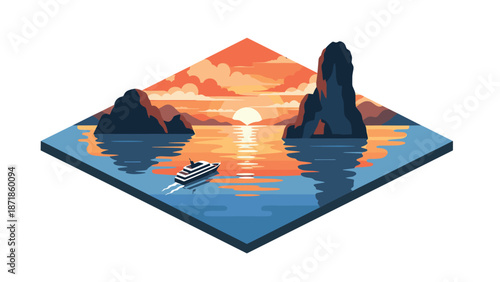 Isometric sunset seascape with boat and rocks in vibrant colors