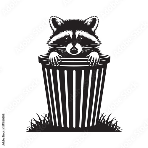 Raccoon Hiding n Trash Can Silhouette Vector, Cute Raccoon Hiding in Trash Can Icon Vector Illustration Design