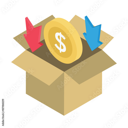 Isometric Box with Dollar Coin and Arrows Representing Cash Flow, Income and Expenses