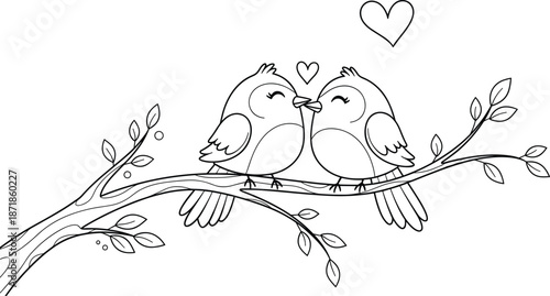 Romantic birds kissing on tree branch with hearts, love illustration, nature affection, couple moment, black and white line art