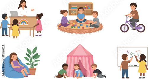 Happy children daily activities illustration, kindergarten learning, playtime, creativity, education, indoor outdoor fun, childhood development, preschool classroom, 