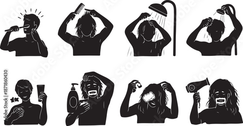 People Silhouettes Washing and Drying Hair