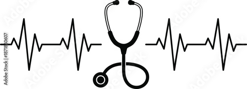 Medical heartbeat line with stethoscope icon, healthcare monitoring concept, cardiology pulse rhythm symbol, doctor equipment illustration, hospital diagnosis, wellness, emergency care,