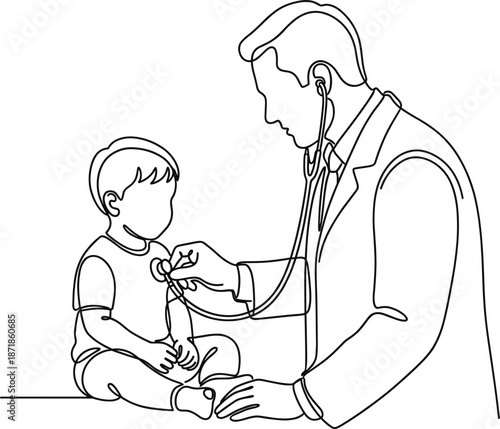 Minimalist line art illustration of a pediatric doctor examining a young child with a stethoscope, healthcare checkup, medical consultation, family medicine, child health concept