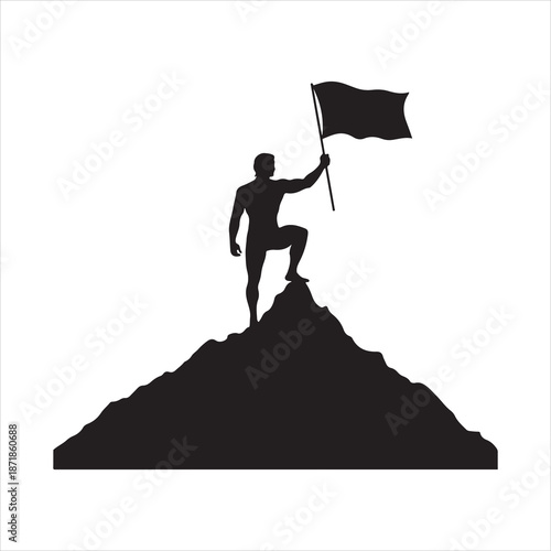 A silhouette of a man standing on mountain peak with flag vector, Silhouette of man planting and raising flag on mountain top illustration