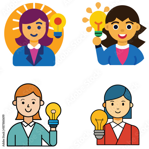 Woman innovator with light bulb, flat colorful icon