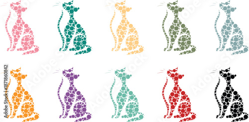 Stylized dot art cat silhouettes in rows, Mosaic feline designs in multiple colors