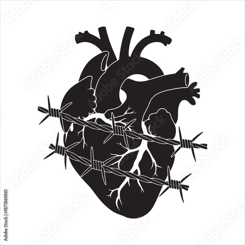 Anatomical Heart Wrapped in Barbed, Heart Wrapped in Thorny Crown Silhouette vector illustration