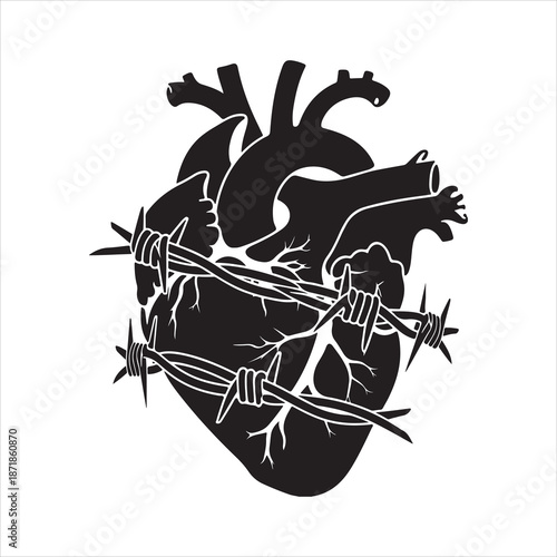 Anatomical Heart Wrapped in Barbed, Heart Wrapped in Thorny Crown Silhouette vector illustration