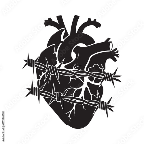 Anatomical Heart Wrapped in Barbed, Heart Wrapped in Thorny Crown Silhouette vector illustration