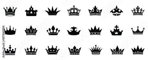 Set of three vector black silhouettes of crowns isolated on a white background.