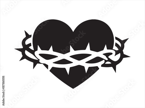 Heart shaped crown of thorns isolated, Sacred Heart with Crown of Thorns Silhouette Illustration