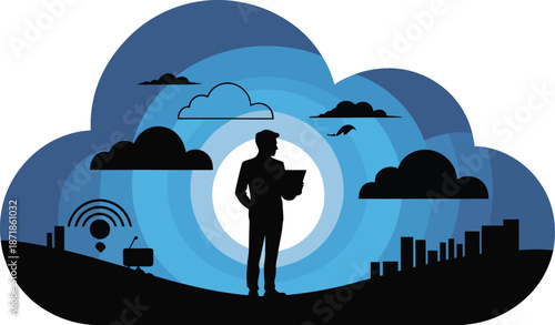 Silhouette of a man standing on a hill with clouds and cityscape