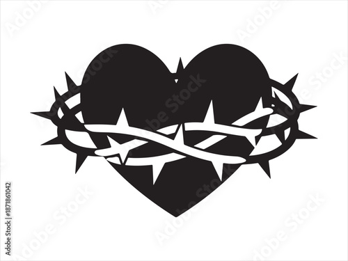 Heart shaped crown of thorns isolated, Sacred Heart with Crown of Thorns Silhouette Illustration