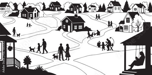 Black and white illustration of neighborhood community life scene