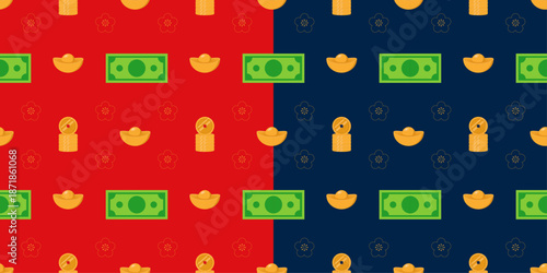 Chinese New Year seamless pattern featuring gold ingots, coins and banknotes with elegant plum blossoms isolated on red and blue background.Oriental vector illustration for Lunar New Year.