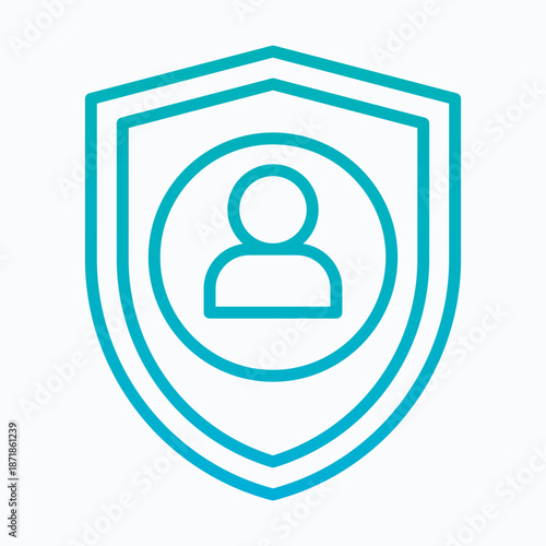 User Privacy Shield Solid Icon. Symbol Of Person With Shield. Represents Personal Data Safety And Online Protection. Gradient Line Style Icon.
