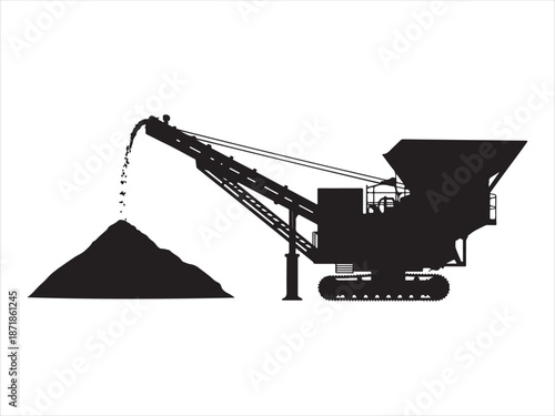 Mining Crusher Conveyor Machine Silhouette,, Mobile crusher vector, industrial mobile stone crusher machine vector illustration