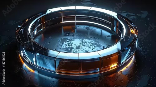 A stunning futuristic circular structure glows with dynamic lights and reflections on a dark, textured surface, embodying abstract technology.