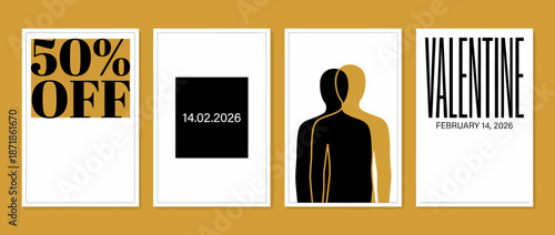 Valentine's Day Poster Set featuring a silhouette of a person on a white background with 50% off sale banner and date