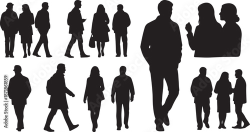 Silhouettes of people walking and talking in groups together