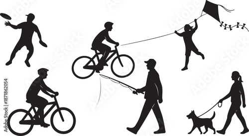 Silhouettes of people enjoying outdoor activities together freely