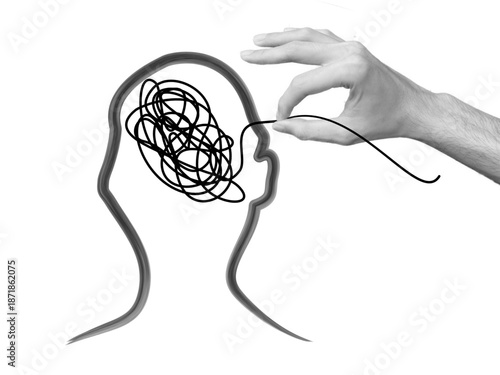 Abstract hand drawing. Tangled line. Psychology, Concept of thinking, finding a solution. Chaotic thoughts. Labyrinth. Complex task. Emotions of tension, anxiety. Reason.