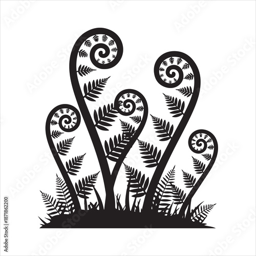 Silhouette black fern frond spiral, A fern leaf swirl silhouette vector illustration