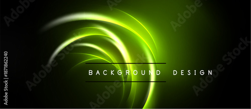 Abstract neon swirls over dark backdrop. Vibrant green energy flows, creating dynamic visual effect. Modern design element.