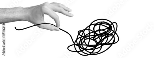 Abstract hand drawing. Tangled line. Psychology, Concept of thinking, finding a solution. Chaotic thoughts. Labyrinth. Complex task. Emotions of tension, anxiety. Reason.