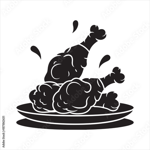 Crispy fried chicken drumsticks falling onto a plate silhouette vector illustration