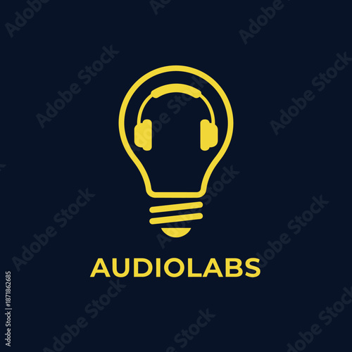 Audiolabs logo with a lightbulb containing headphones symbolizing innovative audio solutions and creative sound engineering.