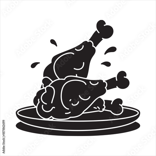 Crispy fried chicken drumsticks falling onto a plate silhouette vector illustration