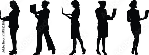 Silhouette of Businesswomen Using Laptop in Different Standing Poses. Professional Female Worker Concept, Technology, Remote Work, and Modern Office
