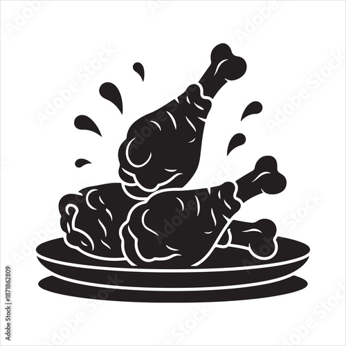 Crispy fried chicken drumsticks falling onto a plate silhouette vector illustration