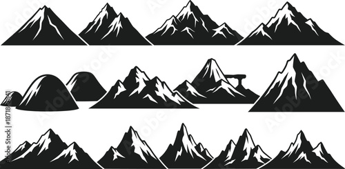 Mountain silhouette landscape collection, alpine peaks range icons set, nature adventure outdoor vector isolated on white background