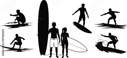 Surfing silhouette collection, surfers riding ocean waves poses set, extreme water sport lifestyle vector isolated on white background