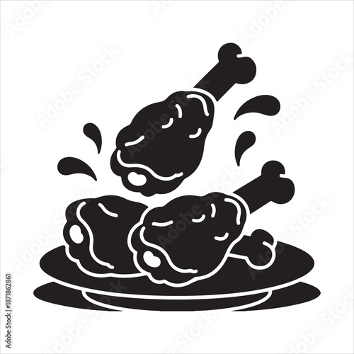 Crispy fried chicken drumsticks falling onto a plate silhouette vector illustration