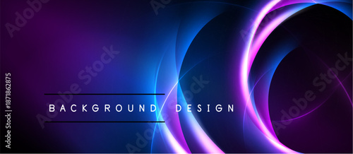 Abstract background features vibrant purple, blue glows. Circular shapes intersect creating dynamic visual effect. Text reads background design.
