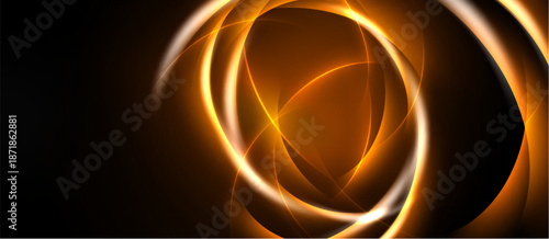 Abstract orange light shapes overlap, creating dynamic energy. Dark background emphasizes glowing curves, warmth radiates.