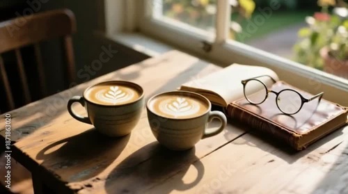 Two coffee cups with latte art on rustic wooden table near sunlit window, cozy reading moment with glasses and book