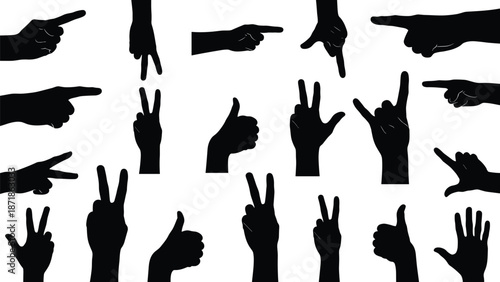 Hand gesture silhouette set, pointing thumbs up victory signs, human hand symbols, black vector illustration icons