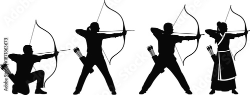 Archer silhouette set, bow and arrow warriors, archery poses collection, medieval hunting fighters, isolated black vector illustration