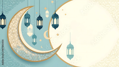 Elegant Islamic Celebration with Crescent Moon and Lanterns, for festival, banner, greeting card design.
