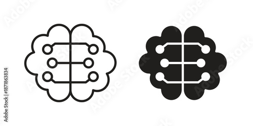 AI brain icons line and solid version, outline and filled vector design set