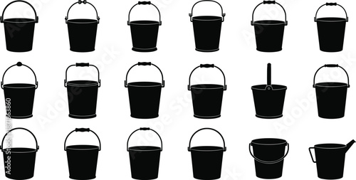 Bucket silhouette set, pail container collection, metal plastic buckets, household utility tools, isolated vector illustration