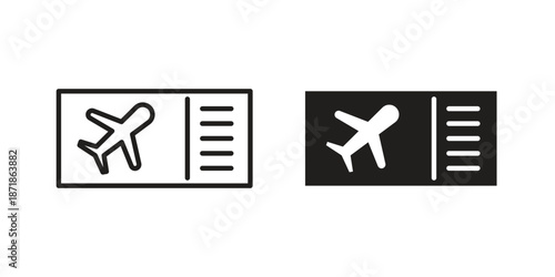 Airline ticket icons line and solid version, outline and filled vector design set