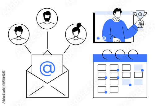 Email communication, team member connections, video call recognition, and scheduling calendar. Ideal for remote work, productivity, team management, online meetings, email campaigns digital