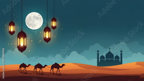 Ramadan Night Landscape with Lanterns and Moon, festival, banner, greeting card design.