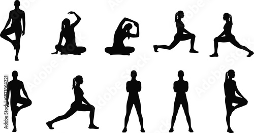 Yoga fitness silhouette set, women stretching exercise poses, meditation workout collection, healthy lifestyle, isolated vector illustration, training design